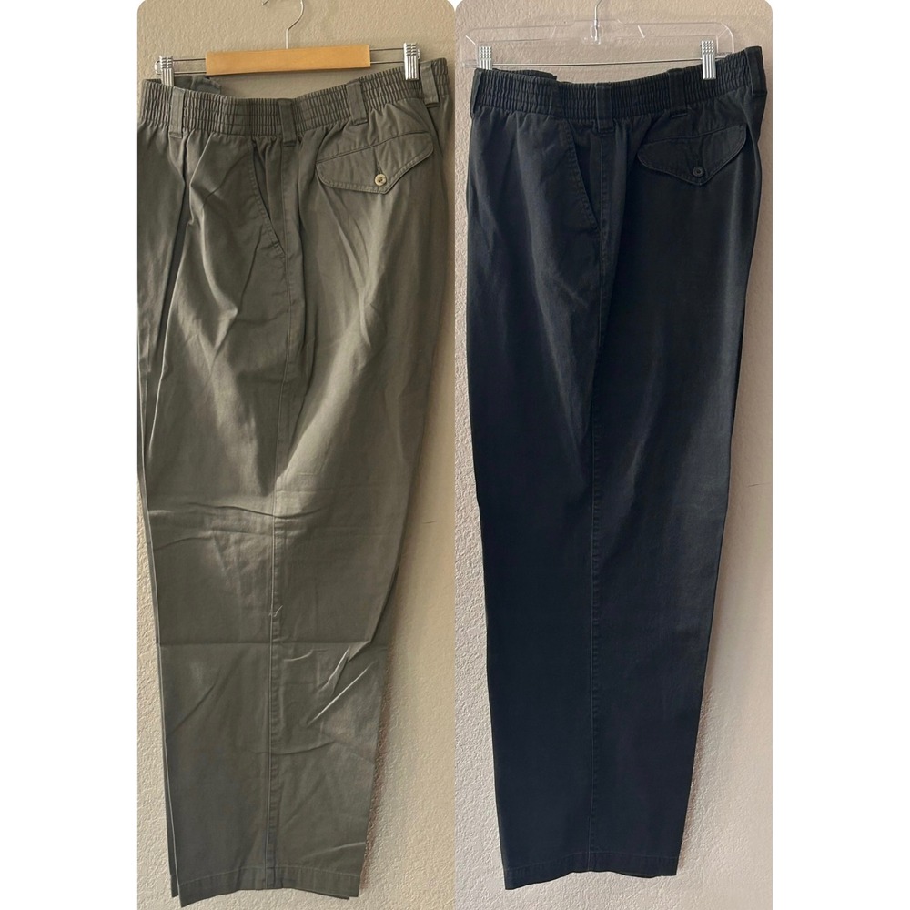 Harbor Bay Mens 2X 30 Elastic Waist Cotton Pants Lot 2 Black Olive Green